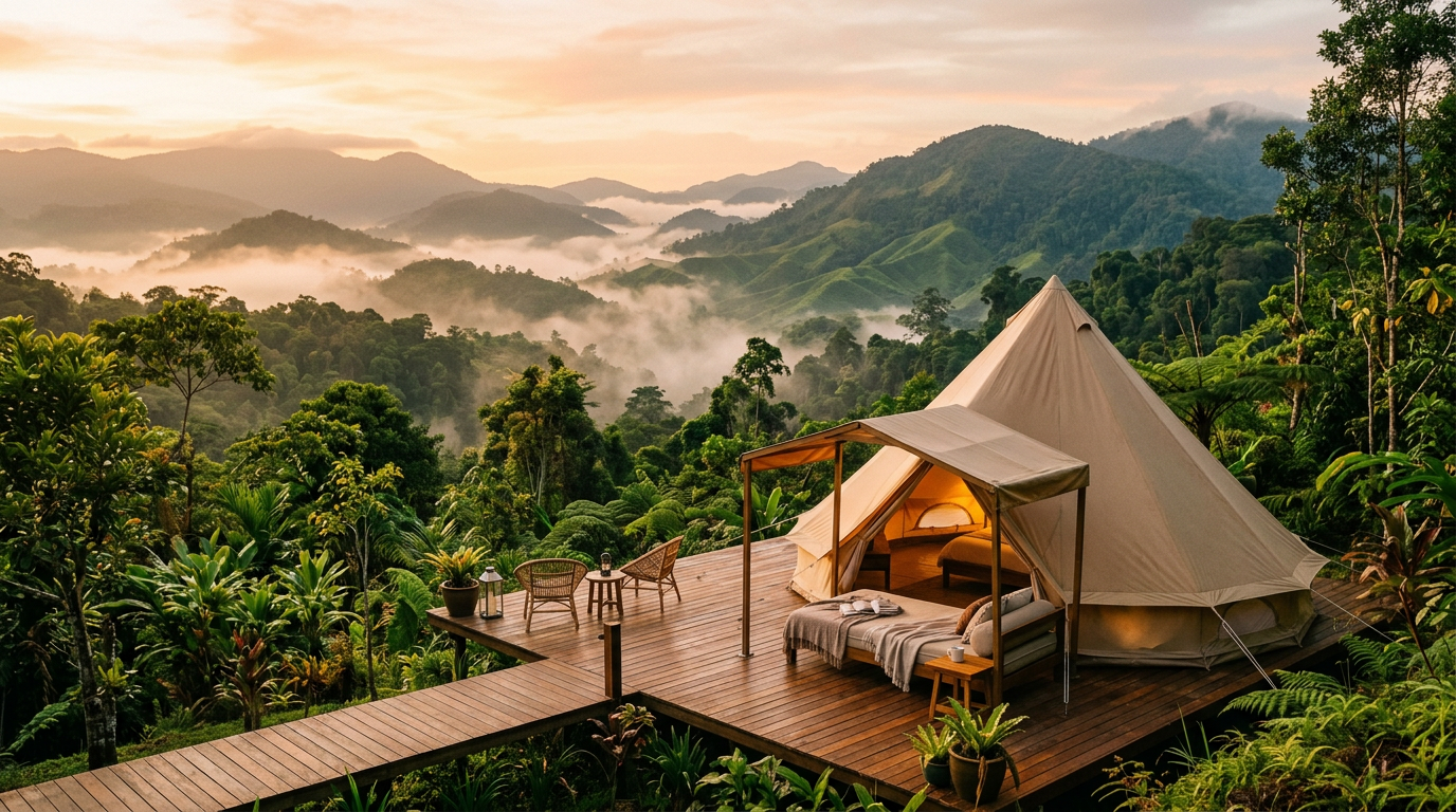 A luxury glamping tent on a misty mountainside at sunrise in Janda Baik