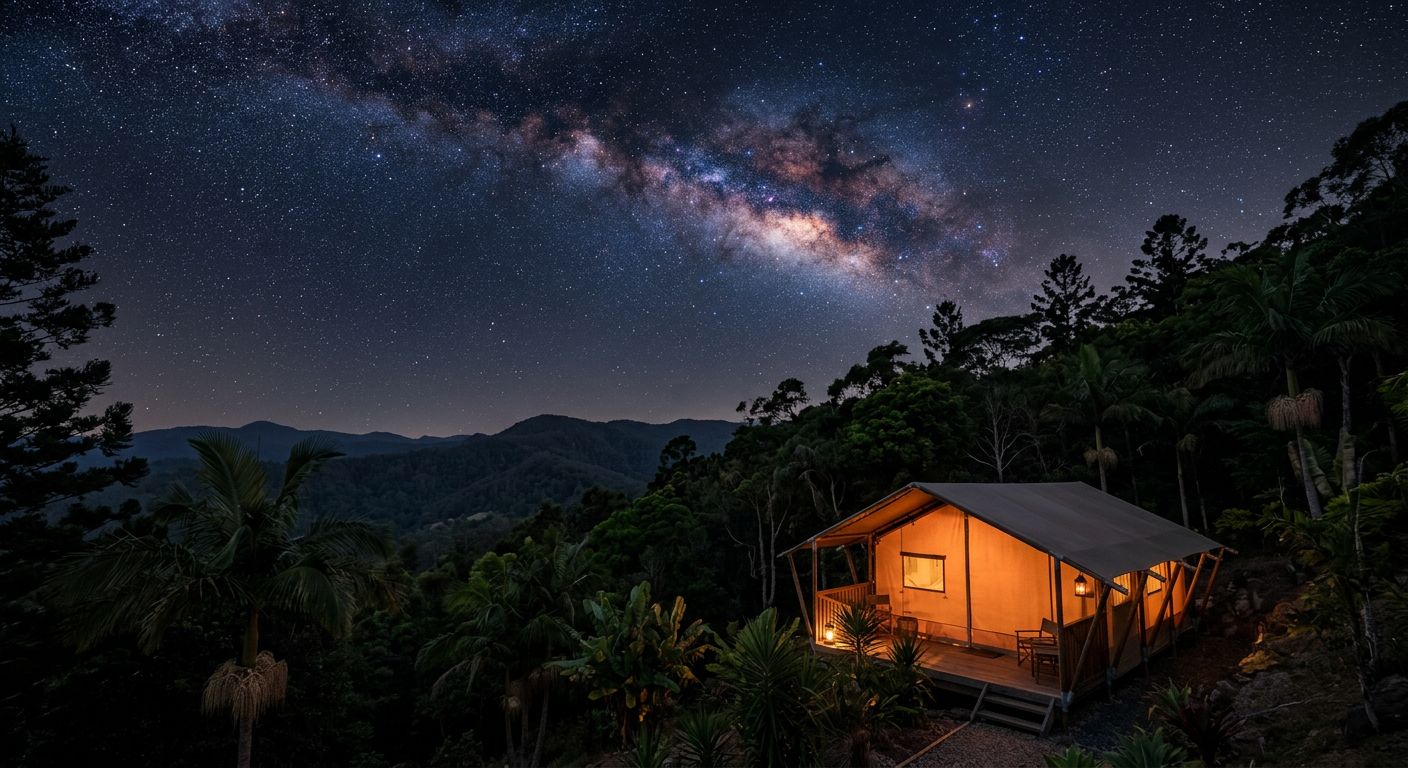 The Milky Way stretching over a glowing tent at night